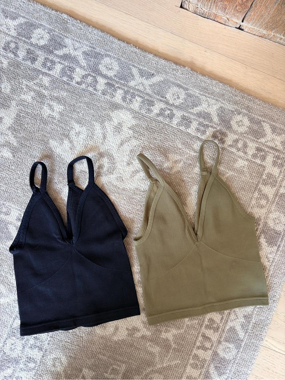 Free People Ribbed V-Neck cropped Tank Top Duo - Black & Olive - Picture 2 of 4